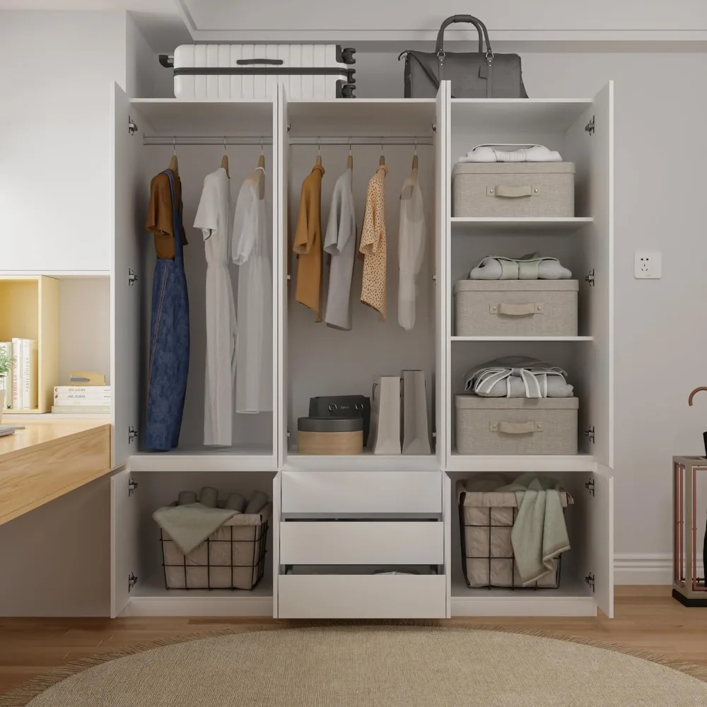 Large Armoire Wardrobe Closet with Drawers and Shelves, White Bedroom Armoires with 6 Doors 2 Hanging Rods, Wooden Freestanding 4