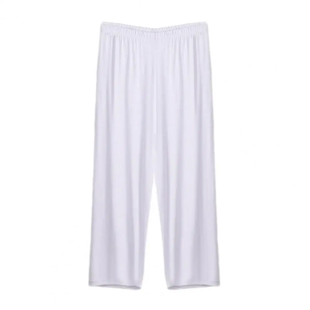 

Women Pants Streetwear Wide Leg Cropped Pants for Women Mid-rise Elastic Waist Trousers in Solid Color Summer Thin Loose Fit