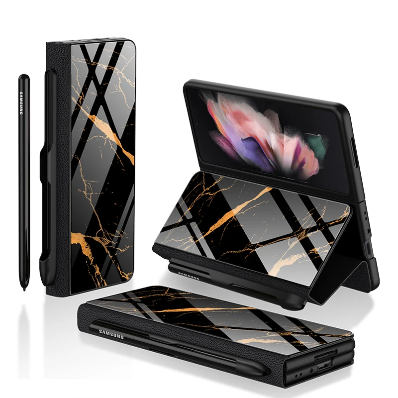 Luxury Plating Tempered Glass Case for Samsung Galaxy Z Fold 3 5G Marble Cases Plastic Frame Hard Glass Cover for Galaxy Z Fold3