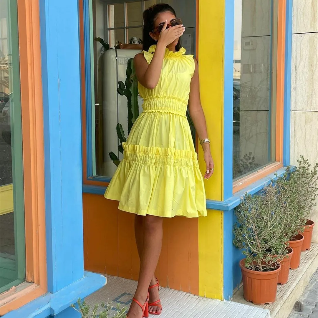 

Yellow Taffeta Cocktail Club Party Dresses for Women Knee-Length فساتين سهره for Teens Girls Pleated O-Neck Short Evening Dress