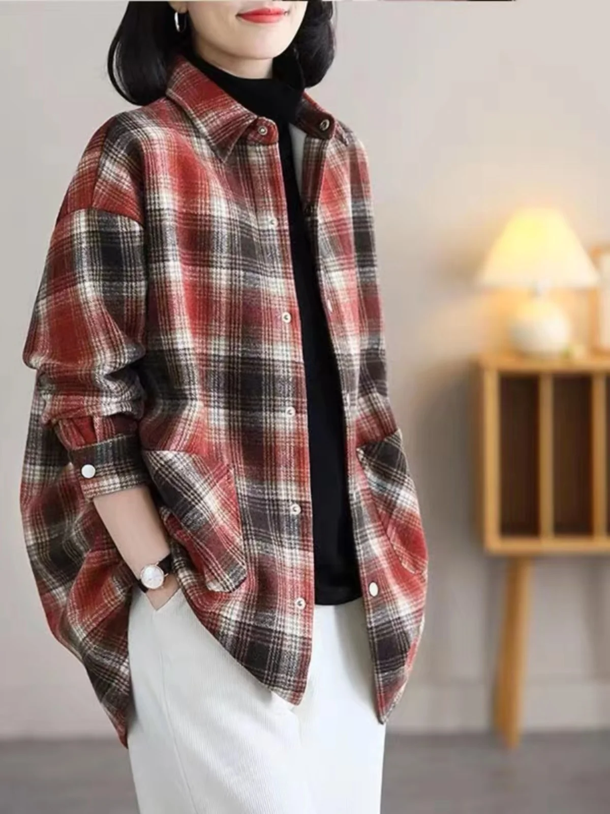 plus Size Women's Casual Plaid irt Long Sve  Collar Loose Fit Regular Length Spring Autumn Outerwear Mom's Clothing
