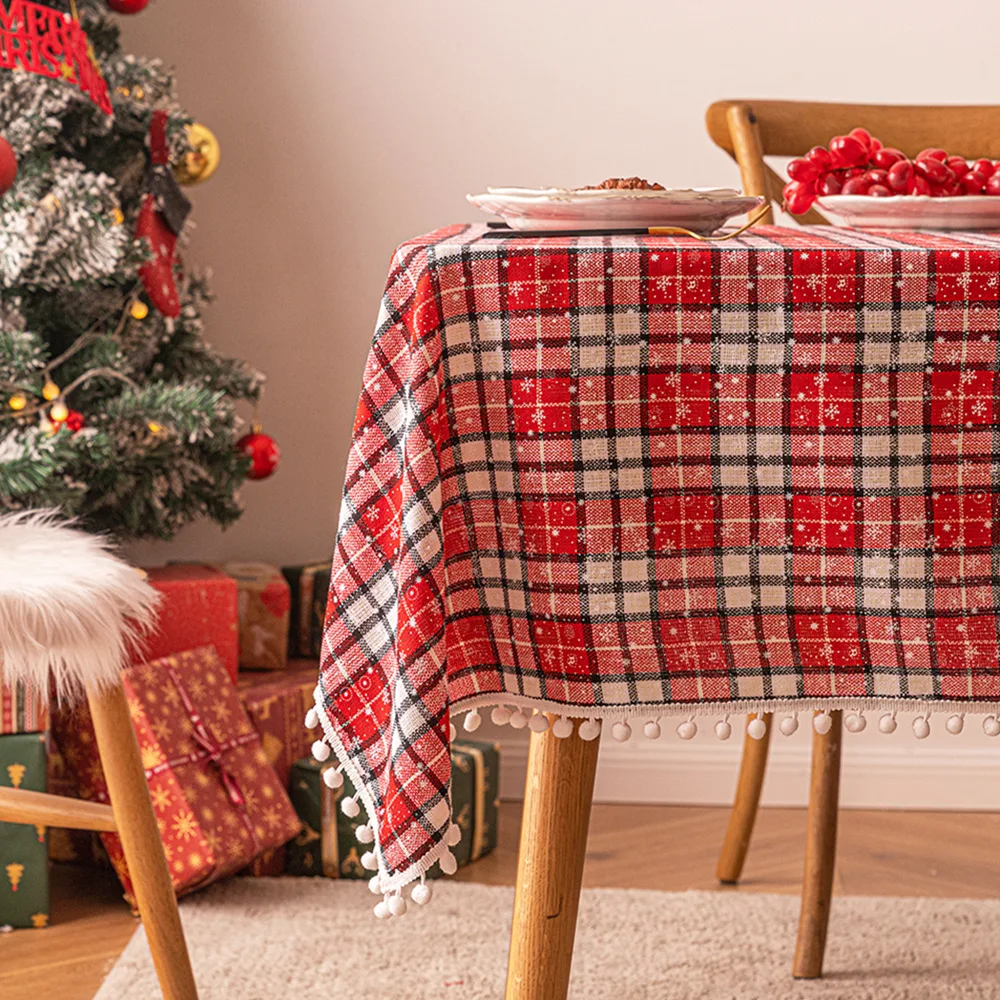 

Christmas Tablecloth With Tassel Snowflake Plaid Dining Table Cover New Year Home Party Table Decor toalha de mesa