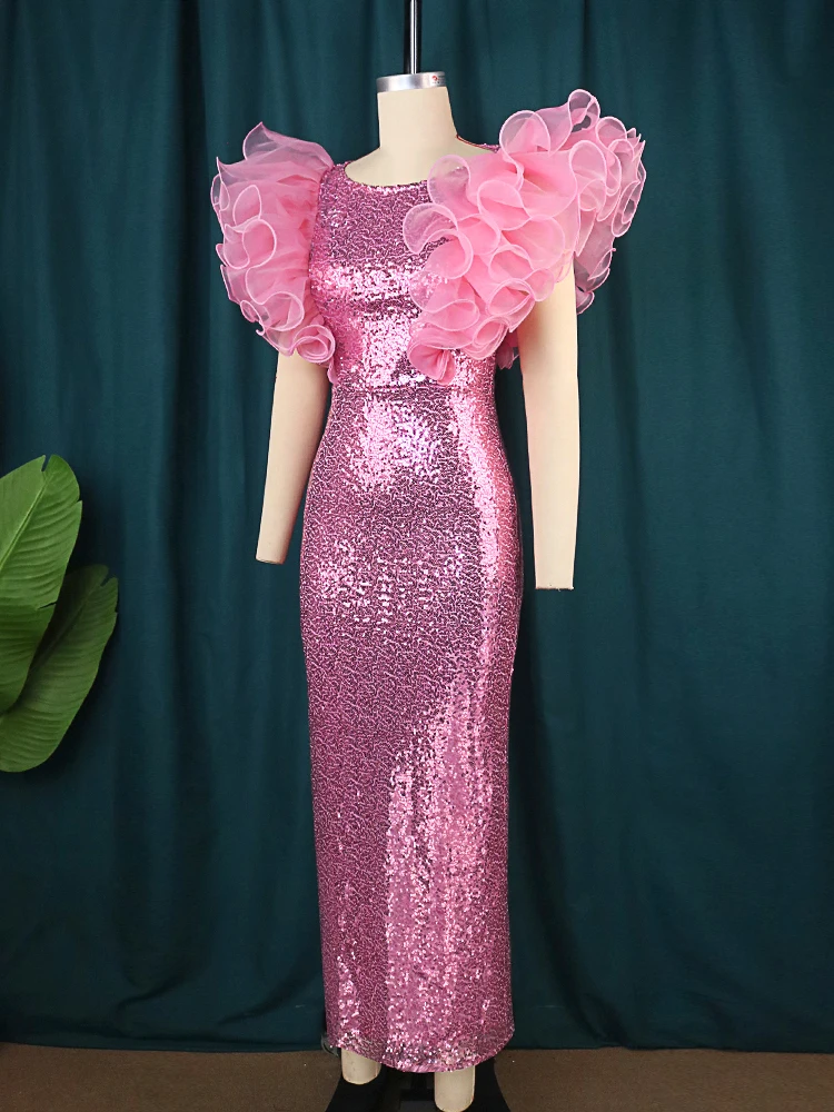 Pink Sequin Dress for Elegant Women Plus Size Party Ruffles Sleeveless Curvy Long Cocktail Chirstmas Evenging  Event Gowns 4XL