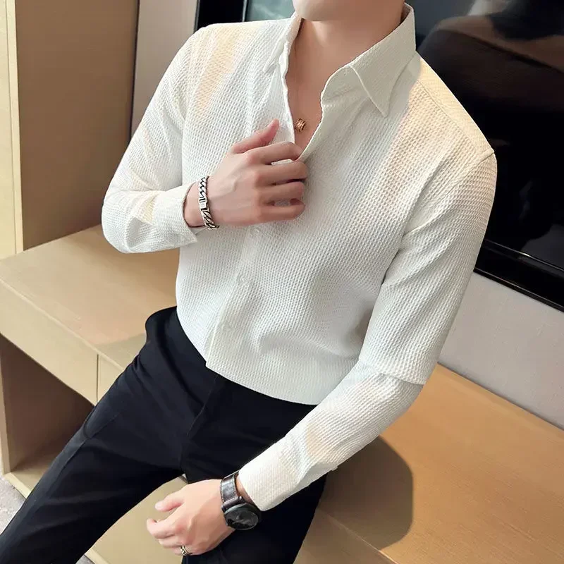 thumbnail image 1 of Camisas para hombre Camisa verde lisa para hombre Camisa de negocios Waffle Diseñador Moda 2024 Hipster Regular Elegante Slim Fit Barato Marca Social I, 1 of 5