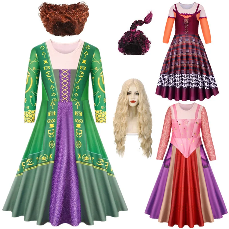 Halloween Children Hocus Pocus 2 Cosplay Girls Witch Sanderson Sisters Mary Sarah Winifred Dress Child Masquerade Party Costume