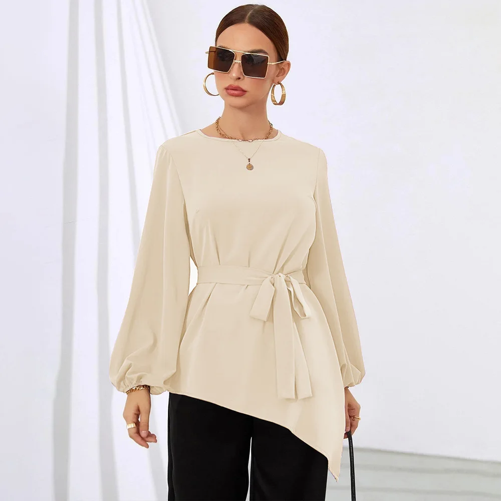 

Spring and Autumn Fashion New Women's Irregular Design Solid Color Tops In The Long Section Bubble Sleeve Long-Sleeved T-Shirt