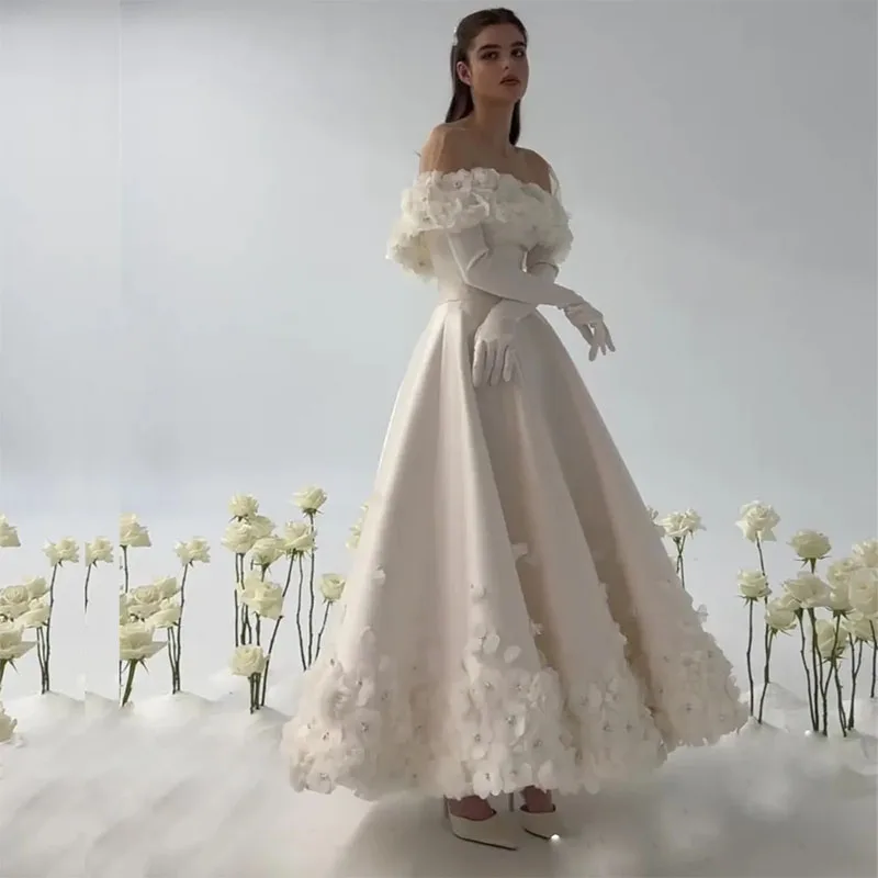 Fashion Flower Prom Dresses with Cape Sweetheart Ruffles Ankle-Length Formal Evening Gown A-Line Wedding Party Dress