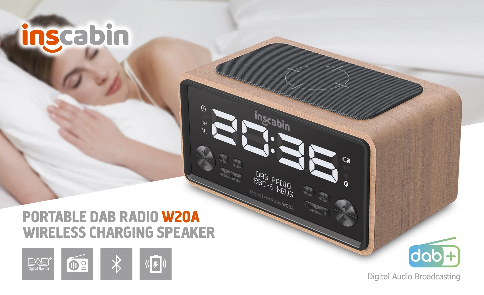 Inscabin W20 DAB/DAB+ FM Digital Radio Alarm Clock with Wireless Charging Bluetooth for Bedroom Kitchen Office bluetooth speaker