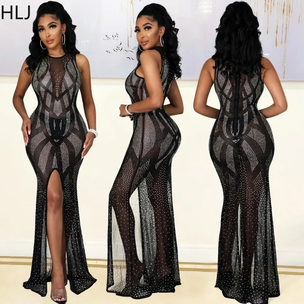 

HLJ Black Sexy Mesh Rhinestone Bodycon Party Nightclub Dresses Women O Neck Sleeveless High Slit Slim Vestidos Fashion Clothing