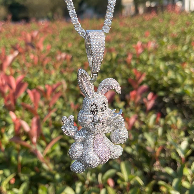 Bubble Letter Prong Rabbit Necklace Pendant for Women Cubic Zirconia Real Copper Iced Out Charm Hip Hop Jewelry 4