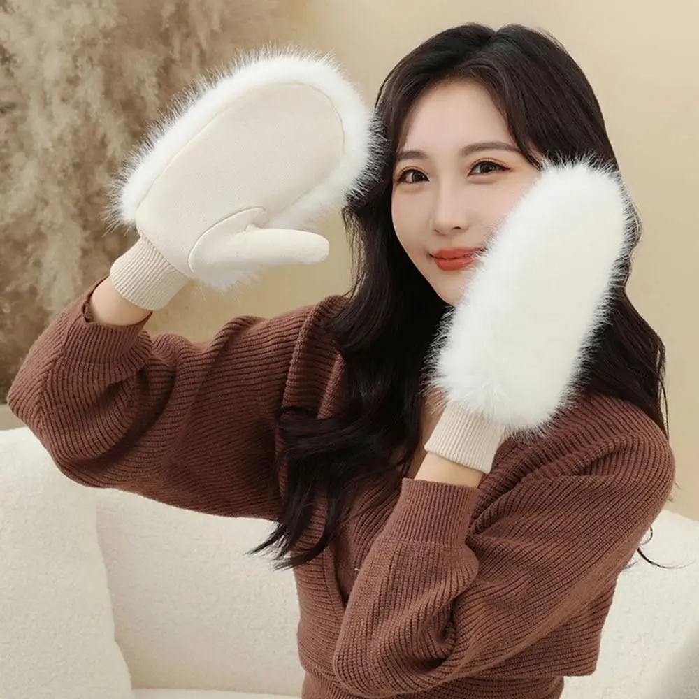 Imitation Rabbit Fur Windproof Gloves Soft Full Fingers Winter Warm Gloves Thick Warm Lining Women Mittens Cold Weather