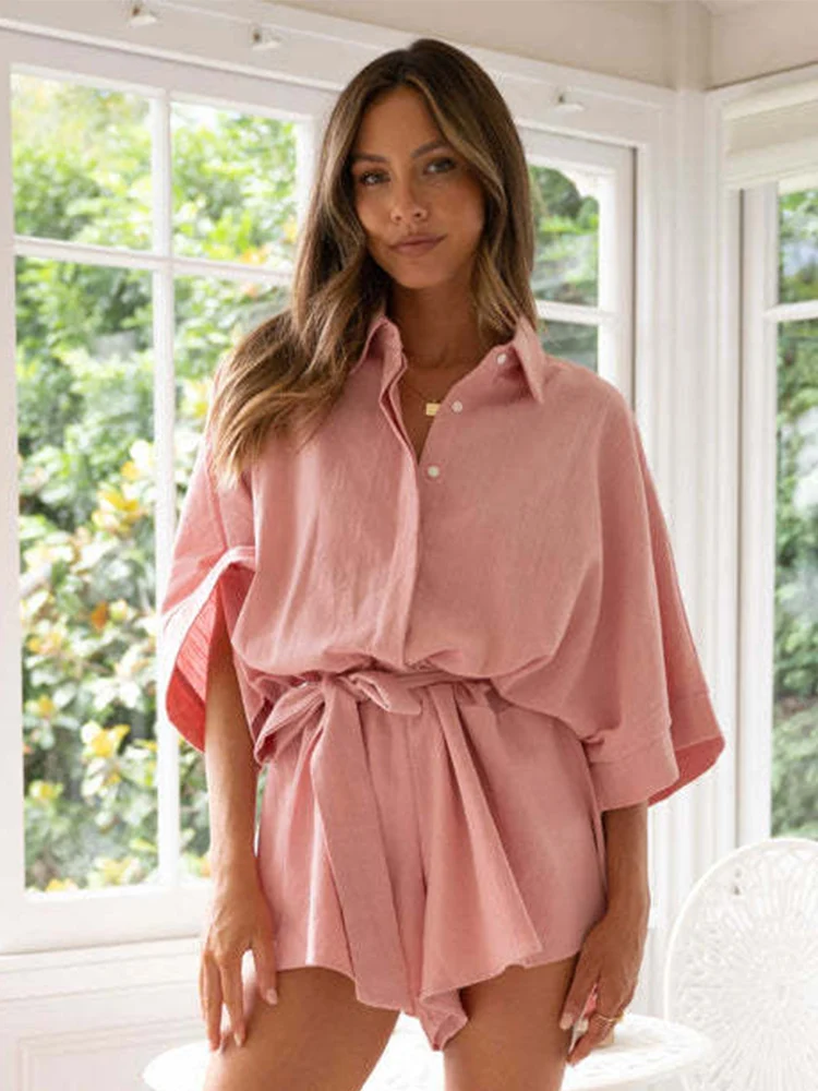Casual Beach Loose Batwing Sleeve Women Wide Leg Romper Cotton Belt Turn Down Collar Shirt White Playsuit Overall Summer