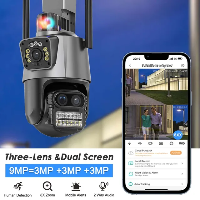 9MP WiFi IP Camera Three Lens 8X Zoom Outdoor PTZ Security Camera AI Tracking Smart Security Protection CCTV Surveillance Camera 2