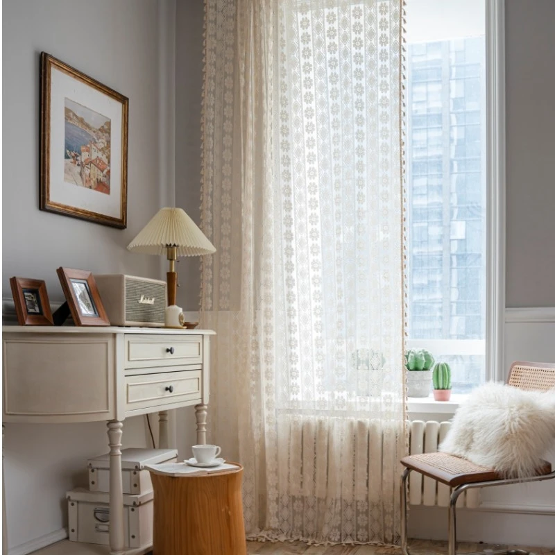 American Style Hollowed Out Beige Flower Fringe Curtain Finished Free Perforated Rod Pocket Bedroom Living Room Curtains 4