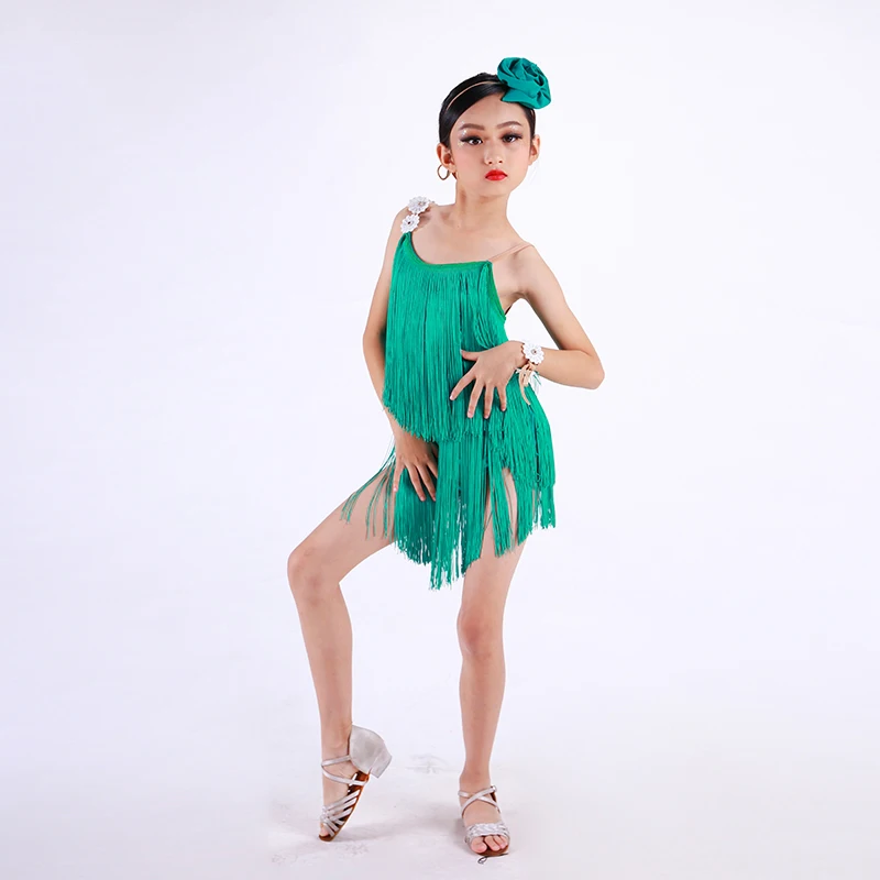 

Green Latin Dance Dress Girls Tassels Dress Ballroom Dance Competition Dress Kids Cha cha Rumba Dress Stage Practice Wear XS5591