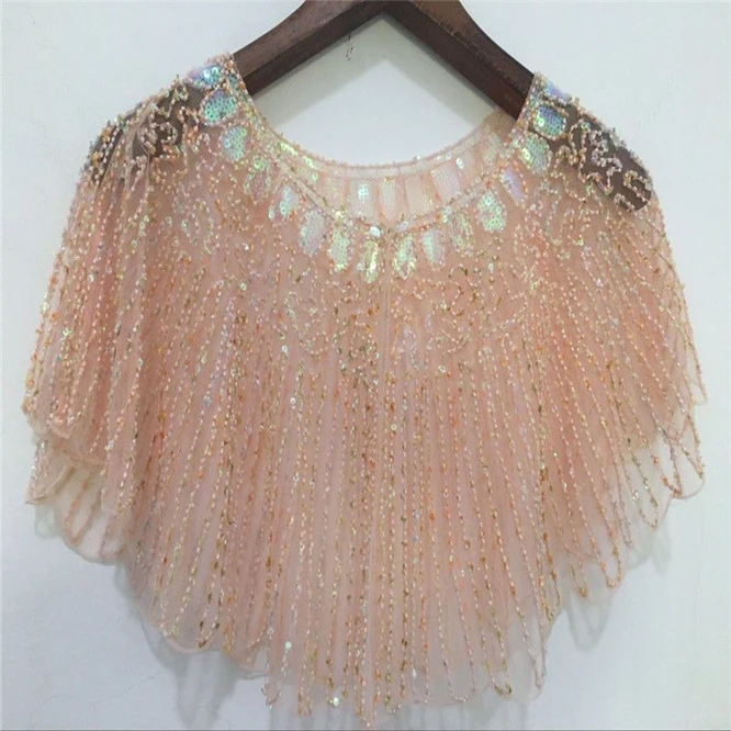 

2023 Spring Summer Women Mesh Versatile Small Dress Short Beaded Small Sweater Capes Sequins Lady Cloaks Poncho Pink