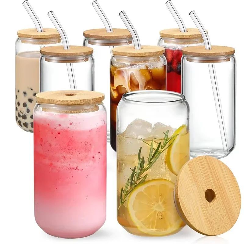 Glass Cup 1pc 350ml/550ml Bamboo Lids Straw Mason Jars Coffee Mug Beer Can Shaped For Cocktail Whiskey Milk Juice Cola