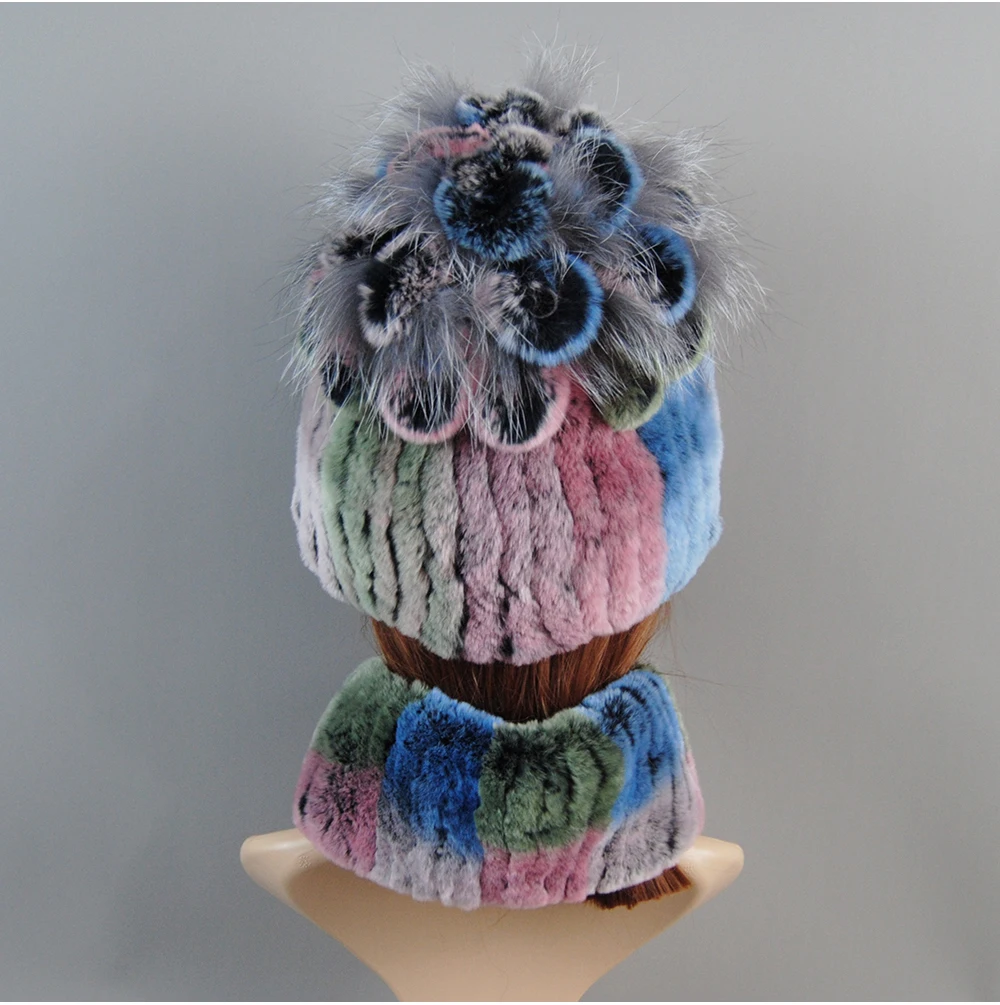 Real Rex Rabbit Fur Hat And Scarf Set Women Winter Knitted Beanie Hat Natural Fur Skullies Beanies Woman Hat Female Cap Elastic