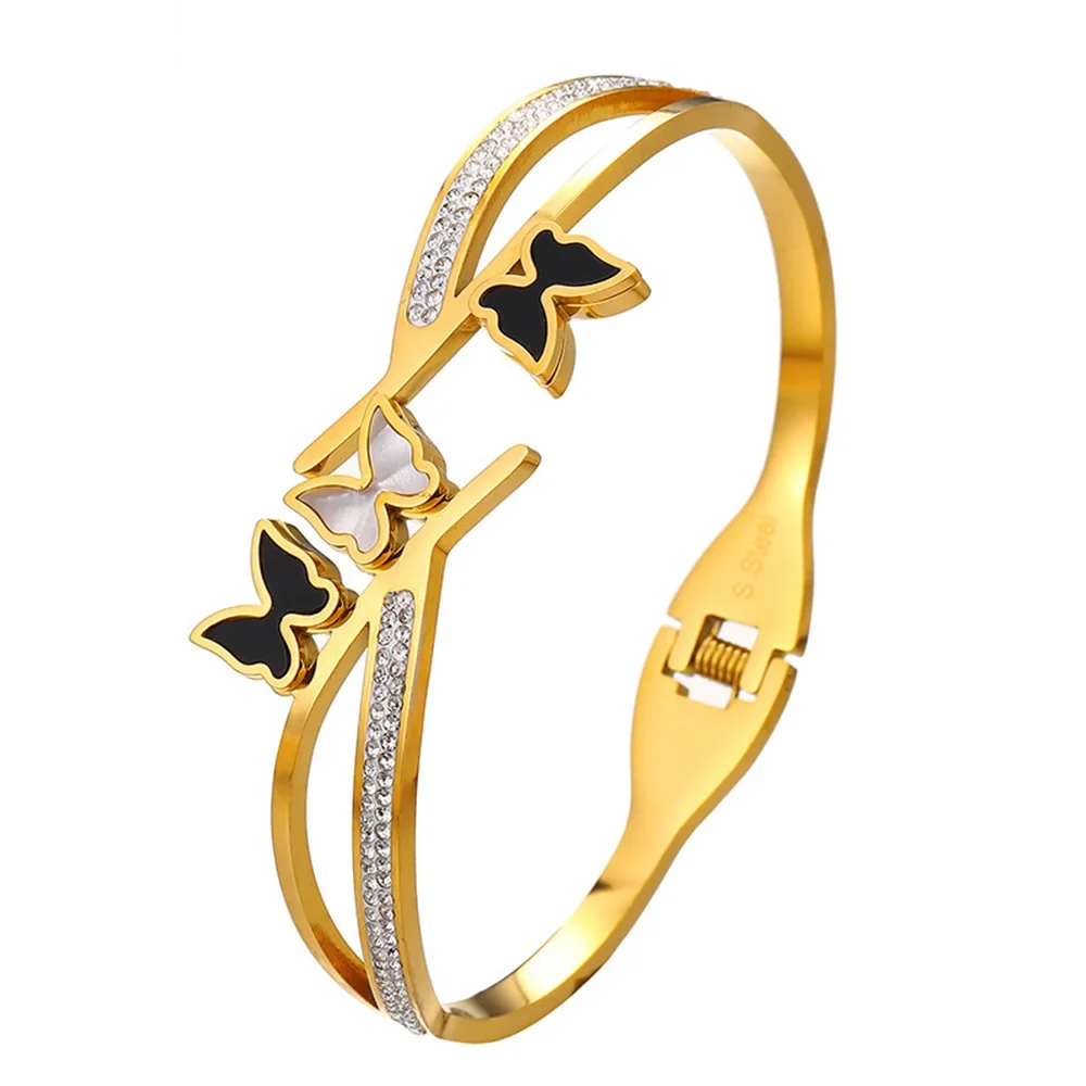 Double Layer Butterfly Bangles for Woman Luxury Inlaid Zircon Stainless Steel Gold Plated Bracelets Jewelry Mother's Day Gifts