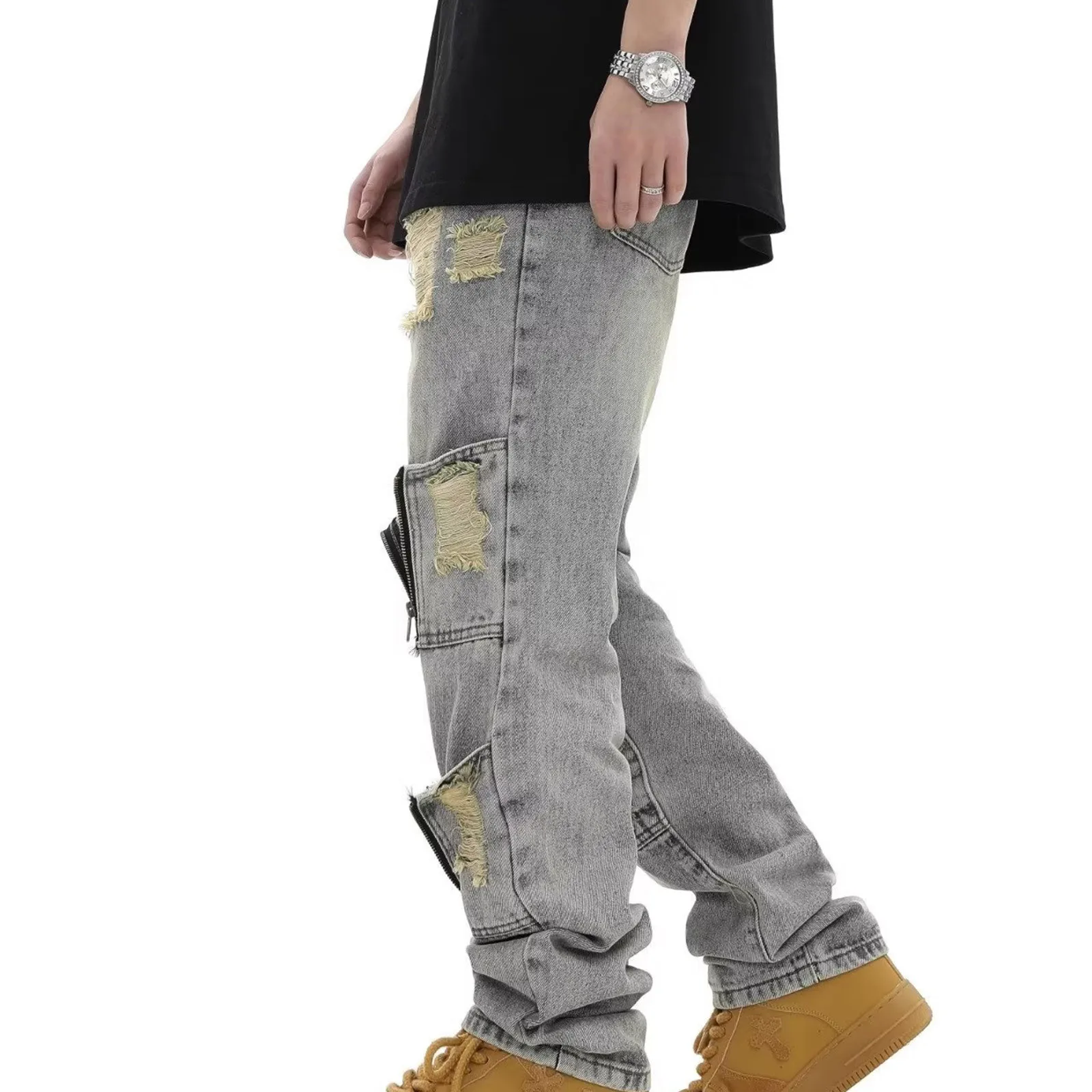 Vintage Ripped Loose Personality Denim Pants Men's High Street Fashion Straight Leg Jean Denim Pants Men Stretch Trousers