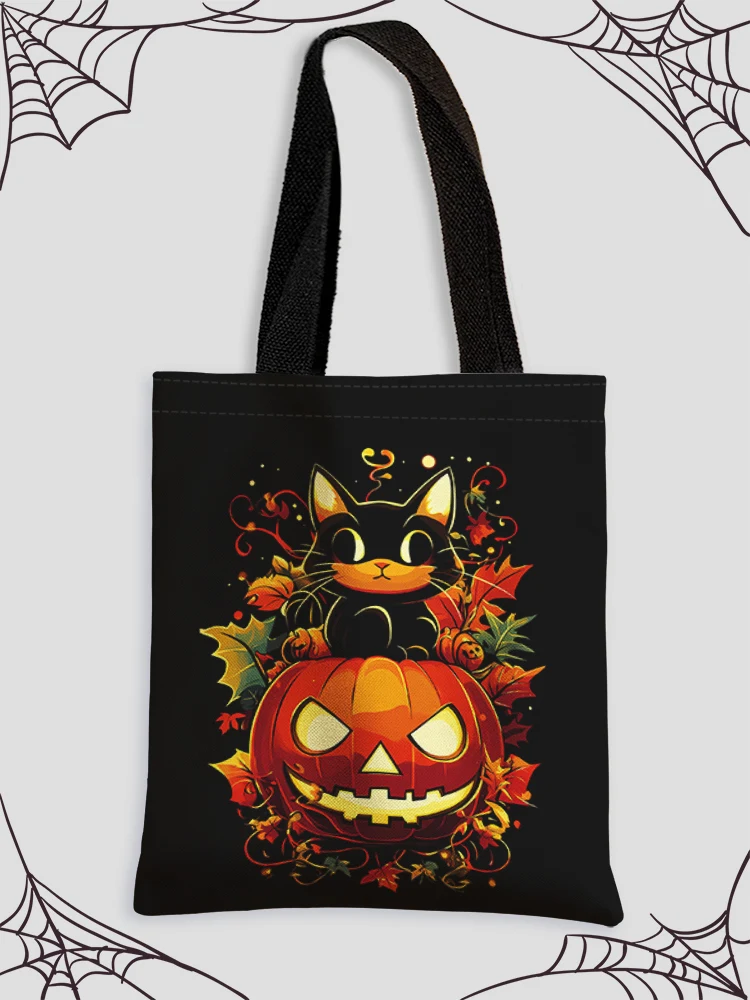 Halloween pumpkin and black cat pattern printed casual handbag, reusable fashionable shopping bag