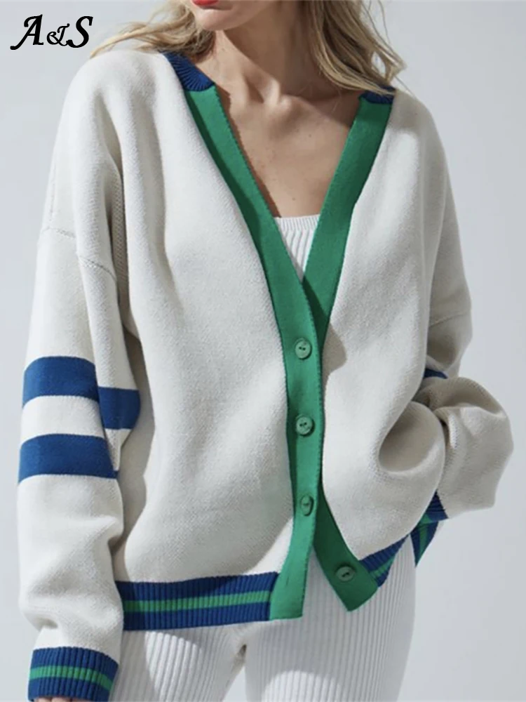

deenor y2k Knitted Women's Cardigan Casual Autumn Winter Stripe V Neck Sweater korean fashion knitwears 2023