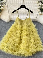 SINGREINY Summer Birthday Party Dress Strapless French Style Solid Sundress Ladies Sexy Gentle Vacation Mesh Loose Tutu Dress