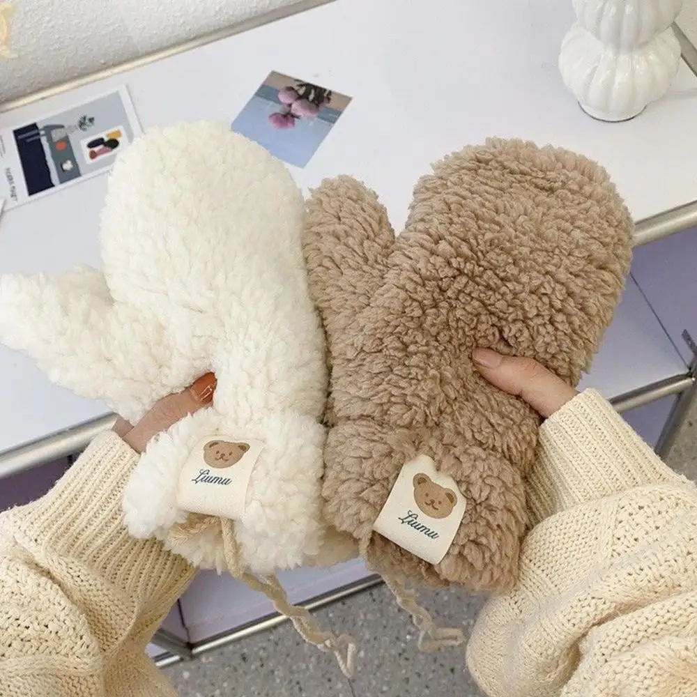 Kawaii Plush Warm Gloves Soft Wool Cashmere Solid Color Winter Thick Korean Bear Gloves With Ropes Casual Outdoor Riding Mittens