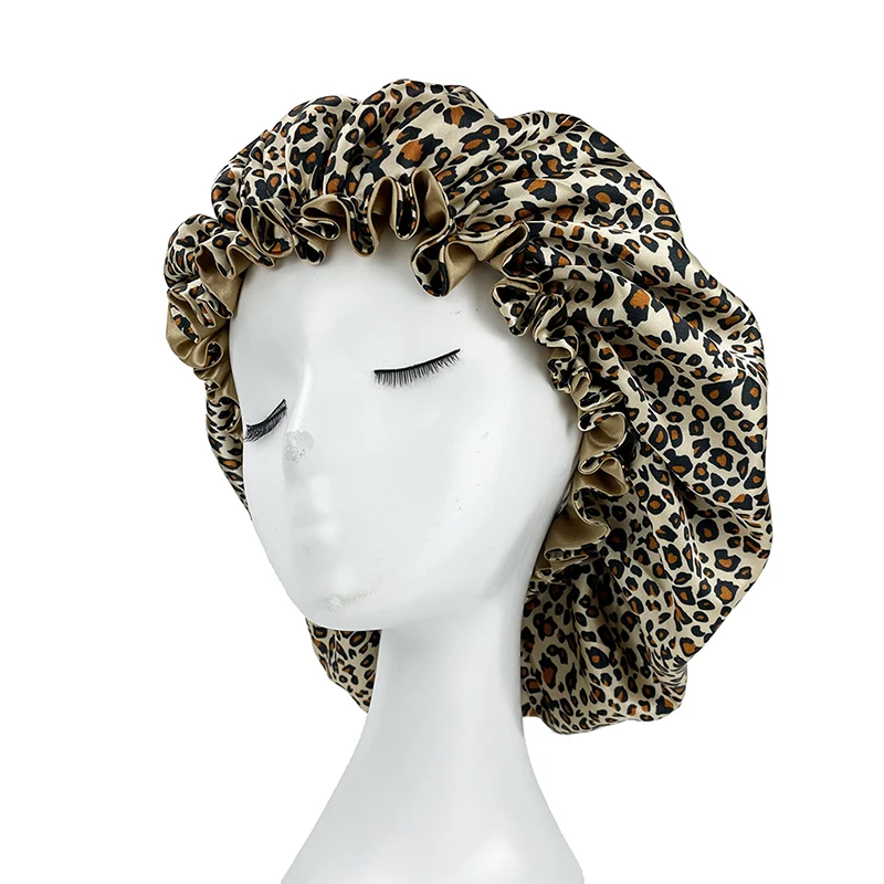 Large Double Layer Silky Satin Bonnet Women Beauty print Sleep Night Cap Head Cover Bonnet Hat for Curly Springy Hair Wholesale 3