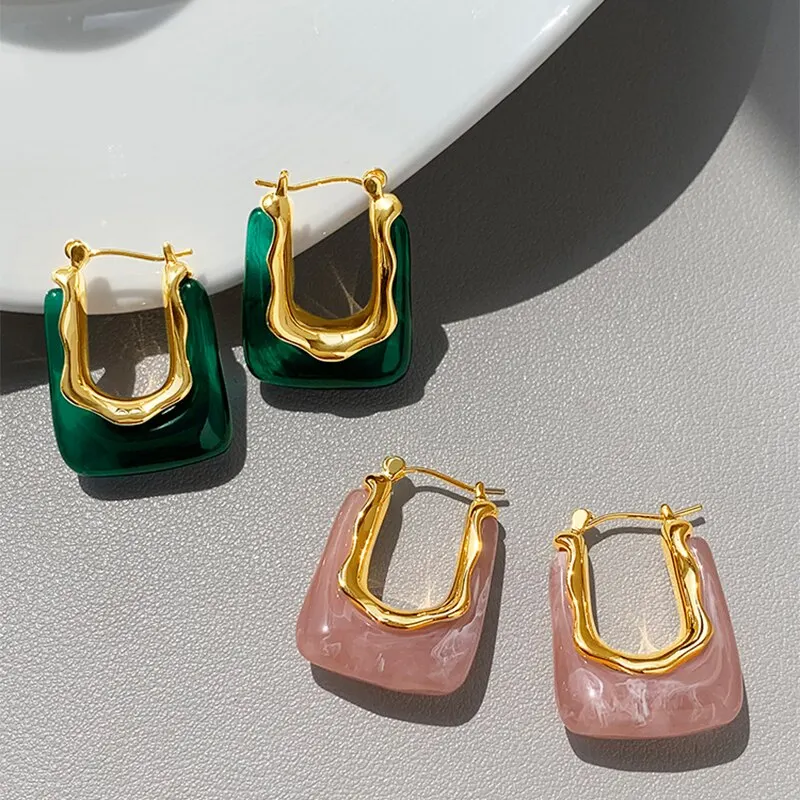 Green Pink Transparent Resin Earrings - Geometric Irregular Stud Earring