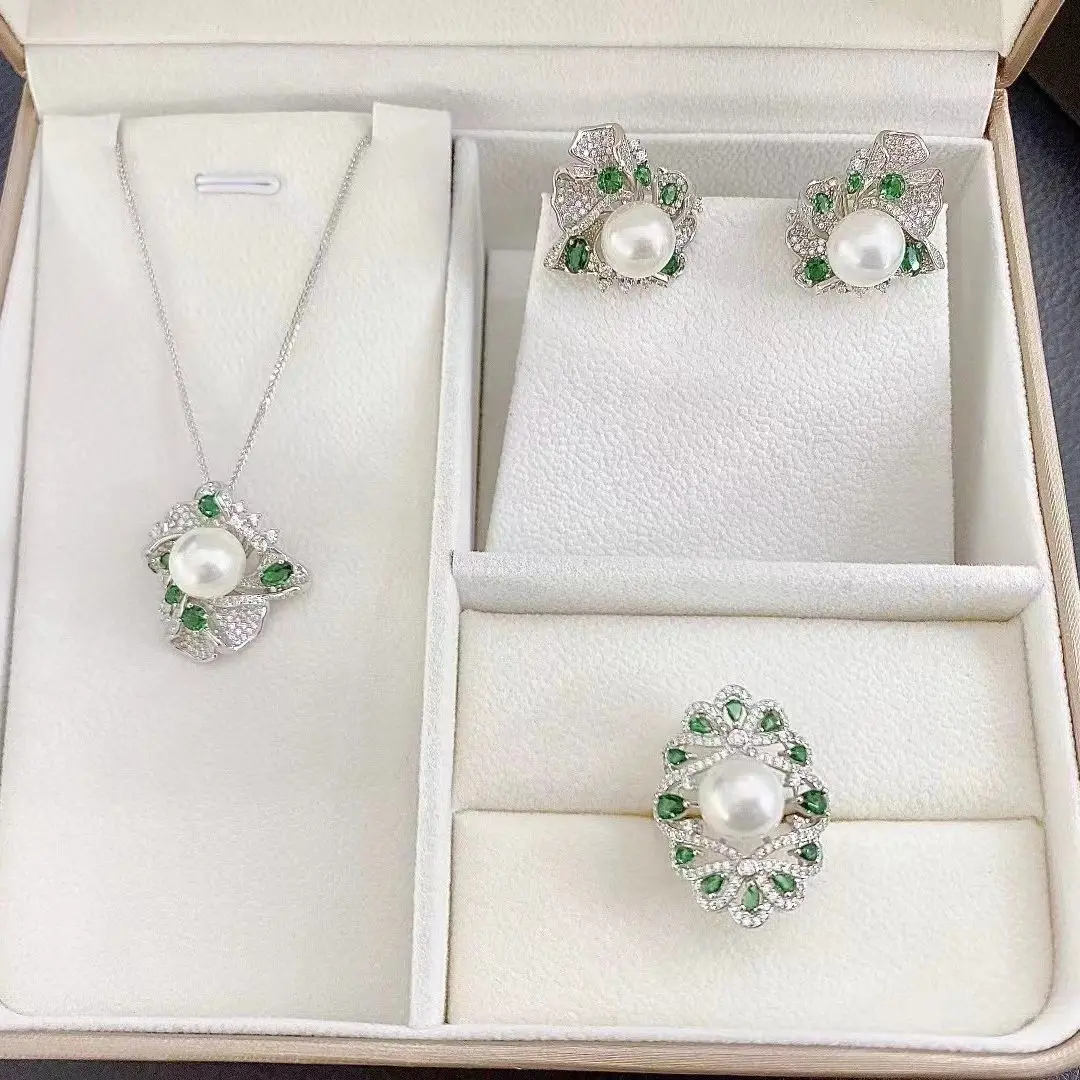 

MJ S925 Sterling Silver Jewelry Natural Fresh Water White Pearls 10-11mm Female's Jewelry Sets for Women FIne Jewelry Sets