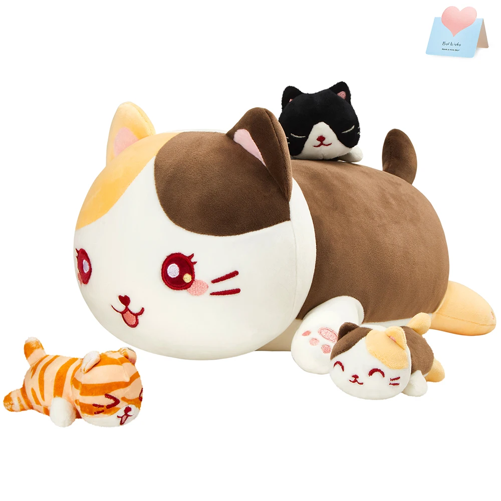 4pcs Cute Cat Family Throw Pillows 3 kittens Dolls Set Plush Toy Animals Pillows for Girl Kids Interactive Children's Plush Doll 3