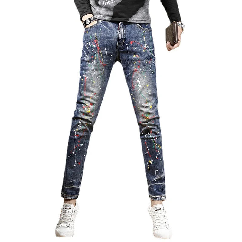 Streetwear Graffiti Printed Blue Jeans Men Casual Slim Fit Straight Pants Stretch Denim Trousers