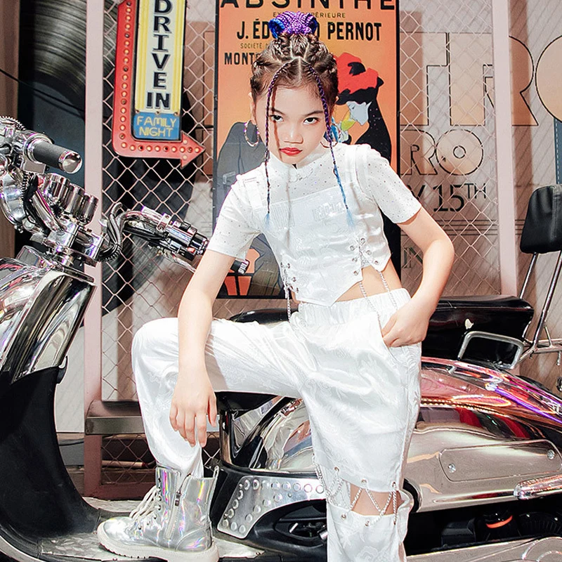 

Костюм в стиле хип-хоп для девочек, топы с блестками, сетчатые кружевные брюки с рукавом, одежда для джаза, детская одежда для современных уличных танцев, подиума, сценическая одежда DQL7207