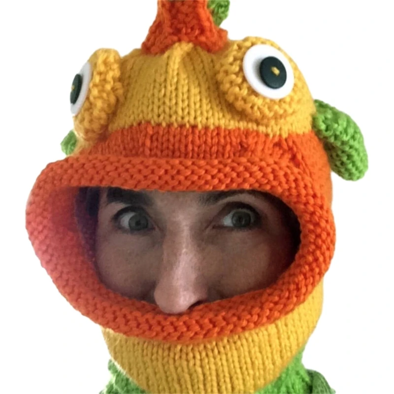 

Warm Knit Clownfish Hat for Adult Halloween Party Facecover 3D Fish Cap Handmade Balaclava Hat Festival Holiday Dress Up