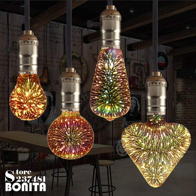 LED Edison Bulb 3D Fireworks pendant lamp led  110V220V Atmosphere lamp Edison retro hanging lamps