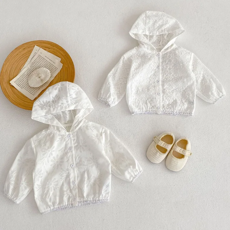 Baby Girl Summer Coat Sun Protection Lace Kids Jackets for Girls Clothes Hooded Jacquard Outdoor Infant Cardigan Outerwear
