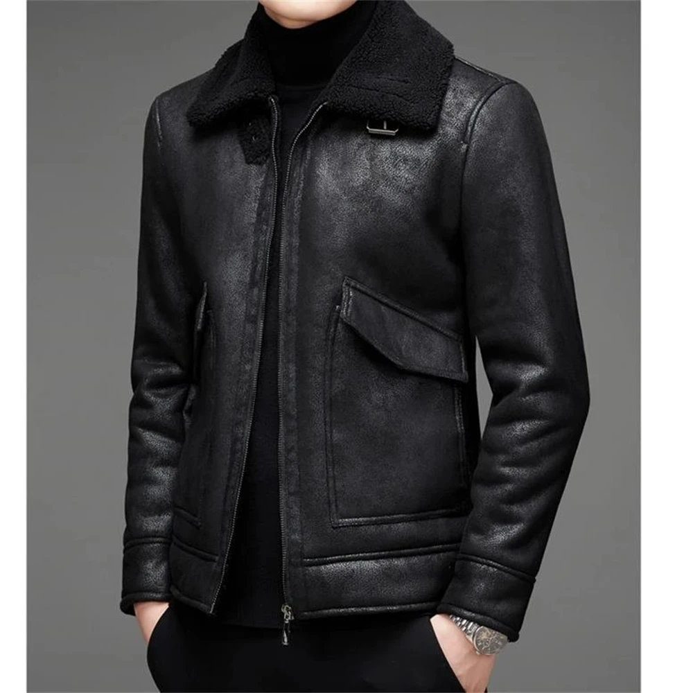 Description Picture 5 of itemJacket Plus Velvet Lapel Thick Warm Fashion 2024 Autumn Winter Men's Suede Boutique Imitation Leather Top Large Size PU Coats