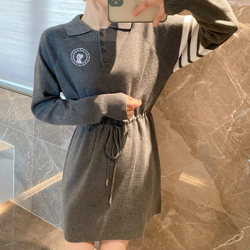 

High Quality Korean Style TB Tom Fourbar Sweatshirt Dress Early Spring New Preppy Waist Drawstring Puppy Lapel Long Sleeve Dress