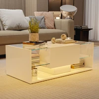 Table basse FANGANGE, table de canapé haute brillance avec éclairage LED, table d'appoint moderne avec étagère ouverte, blanc, noir 3
