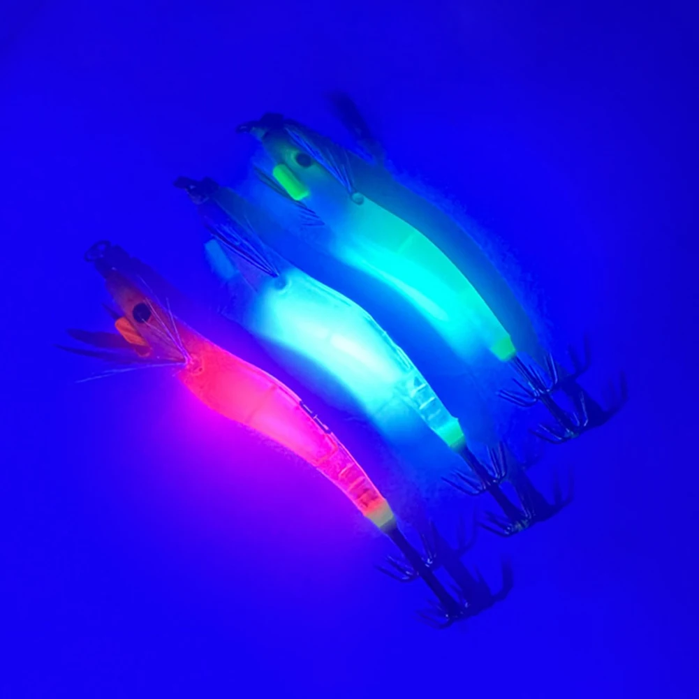 Fishing Lure Luminous Hard Shrimp Bait Simulation with Squid Jig Hook UV Wood Egi for Octopus Cuttlefish