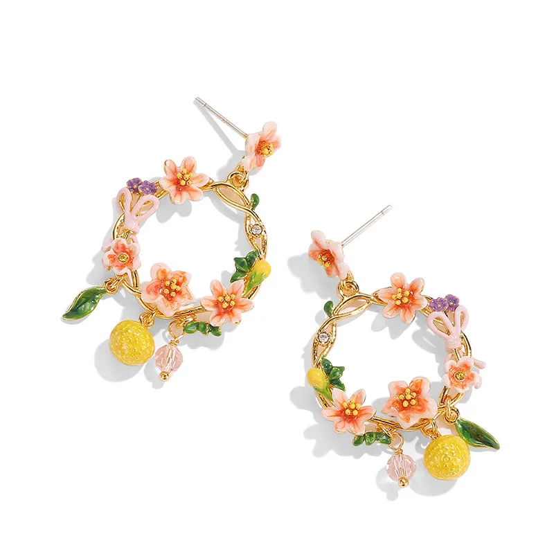 Fashionable Elegant Enamel Colored Glaze Orange Flowers Lemon Fruit Tassels Round Dangle Green Leafs Earrings Women's Jewelry