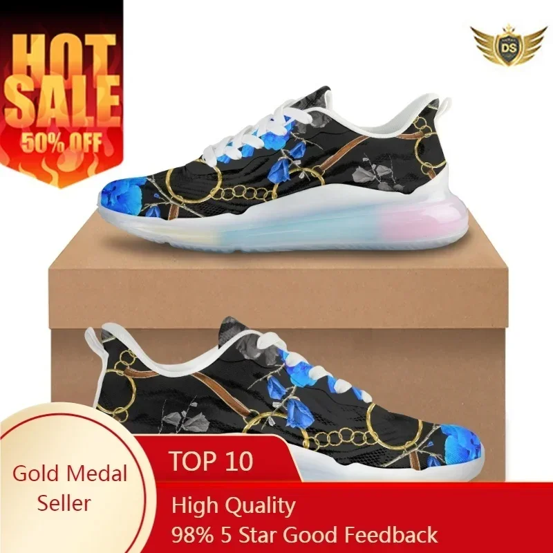Blue Flower Gold Chain Pattern Women AF Cushion Black Shoes  Female Vulcanized Flat Party Club Dropshipping