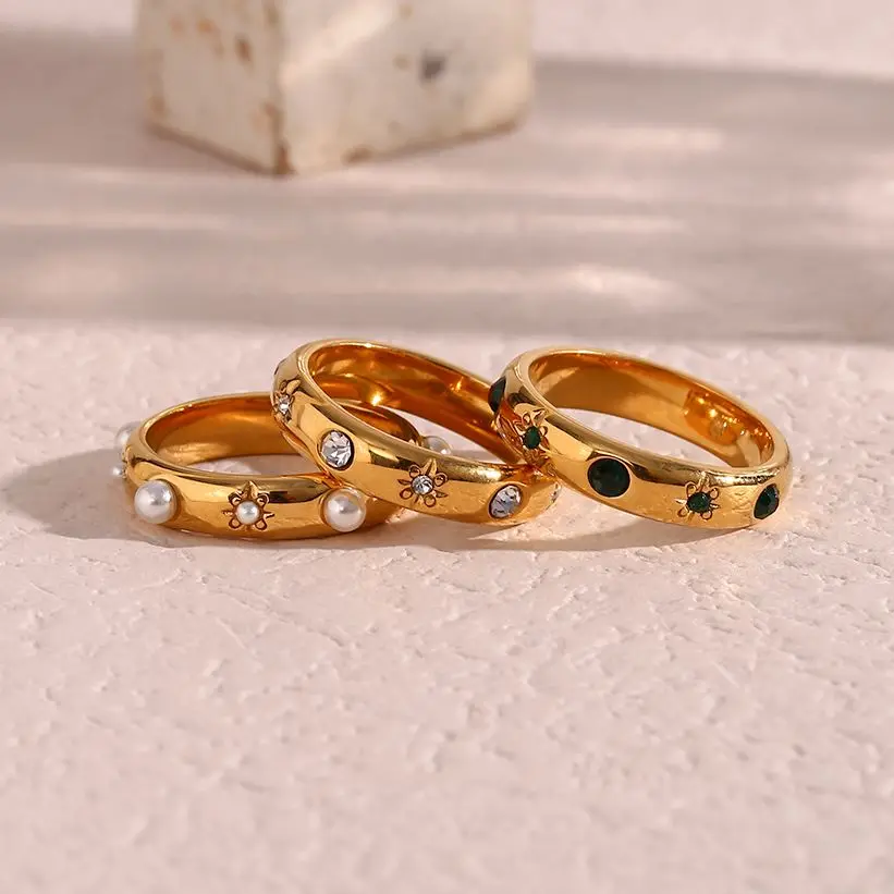 E.b.belle 18K zlato pokovené zelená zirkon perla kroužky pro ženy vodotěsný hypoalergenní lahůdka zlato prsten nerez ocel šperků