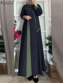 ZANZEA Women Vintage Patchwork Muslim Dress Casual Long Sleeve Sundress Robe Femme Islamic Clothing Ramadan Abaya Maxi Vestido