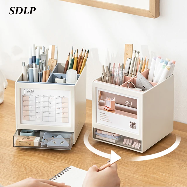 360° Rotary Pen Holder with Desk Calendar - Stationery Organizer
