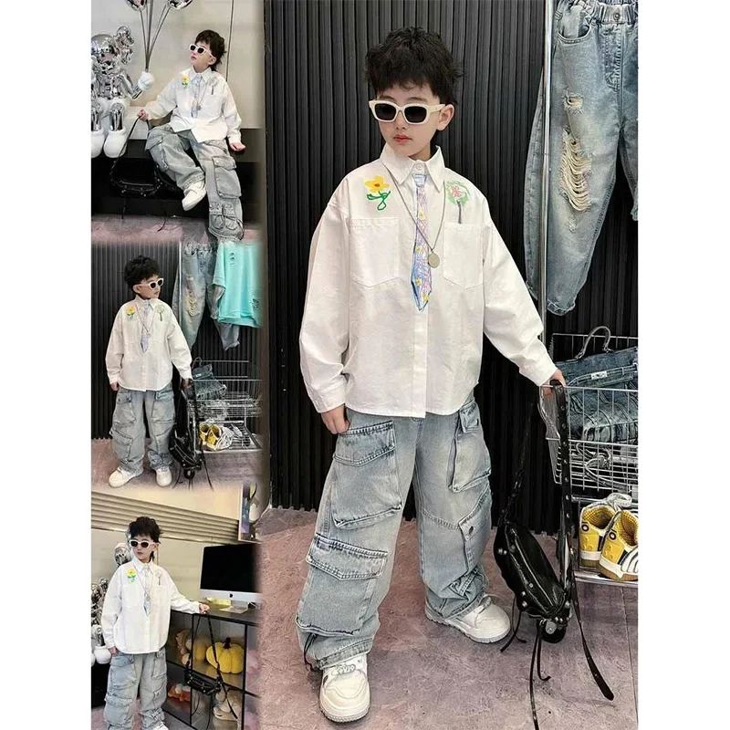 Cool Trendy Graffiti Long Sleeve Shirt for Boys Spring Stylish Loose Versatile Top for Middle Large Children