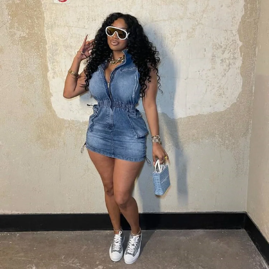 

Sexy Denim Dress Y2K Streetwear Casual Elegant Luxury Mini Dresses 2024 Women Summer Fashion Clothes Cute Jean Sleeveless Dress