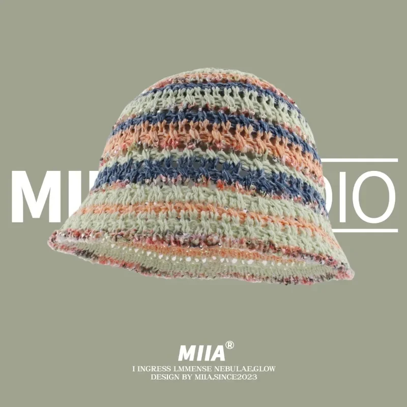 

New Korean Version of Color Matching Striped Woven Bucket Hats for Men Summer Fashion Versatile Cute Sunscreen Women's Caps