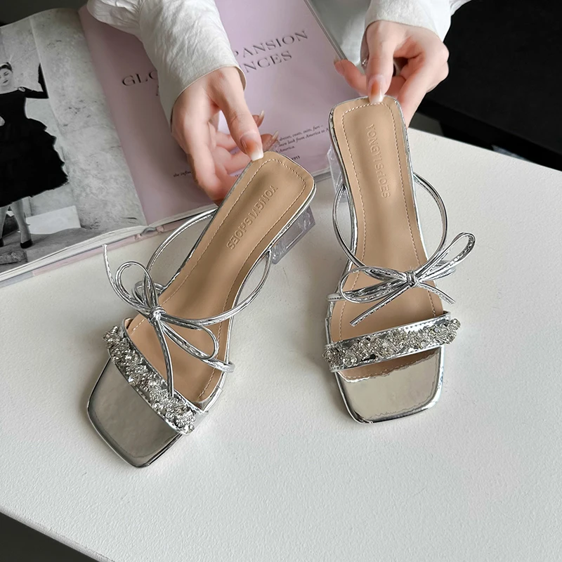 Pearl Bow Slippers 2024 Summer New Outer Wear Slippers Women High Heel Sandals Ladies Stiletto All-match Open Toe Roman Shoes